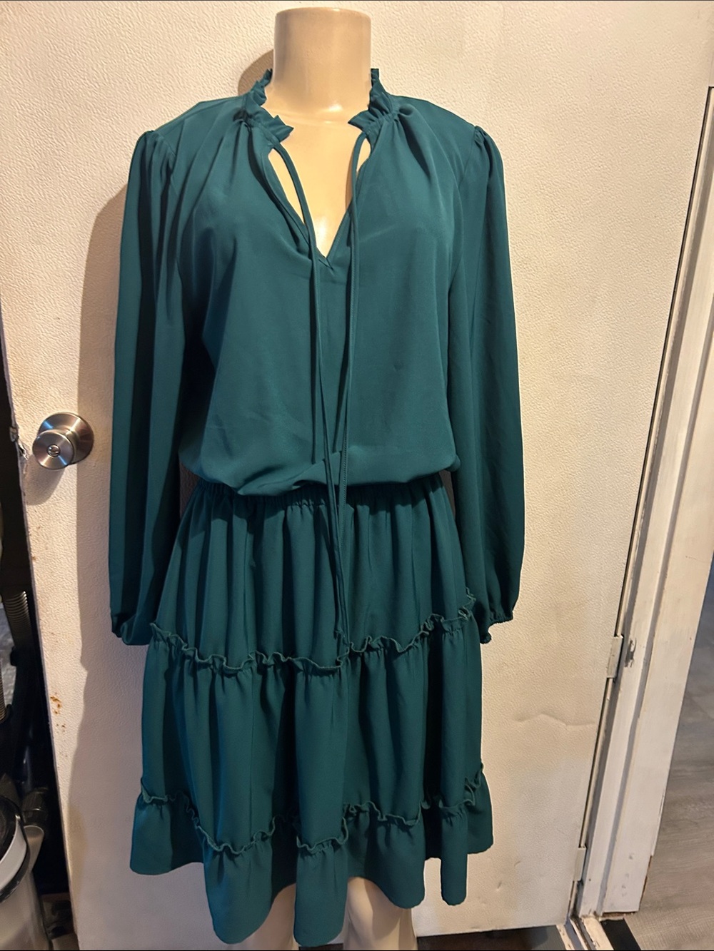 Women's Long-Sleeve Teal Tiered Ruffle Dress